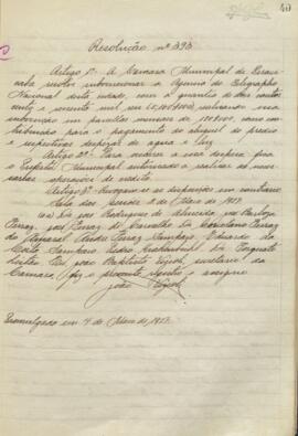 Resolução onde a câmara municipal de Piracicaba resolve subvencionar a Agência de Telegrafo Nacional da Cidade de Piracicaba. Resolução n° 393