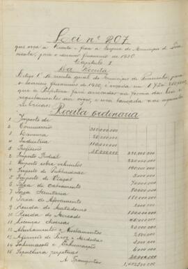 Lei que orça a receita e fixa a despesa do município de Piracicaba para o exercício financeiro de 1930. Lei n° 207