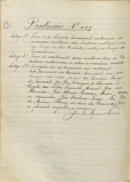 Resolução que autoriza o prefeito a autorizar construir dois mictórios públicos, um no Largo de São Benedito e outro no Largo da Sorocabana. Resolução n° 429