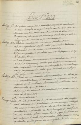 Lei que define normas para engenheiros e construtores. Define termos e obrigações dos matriculados na Repartição de Obras da Prefeitura. Lei n° 209